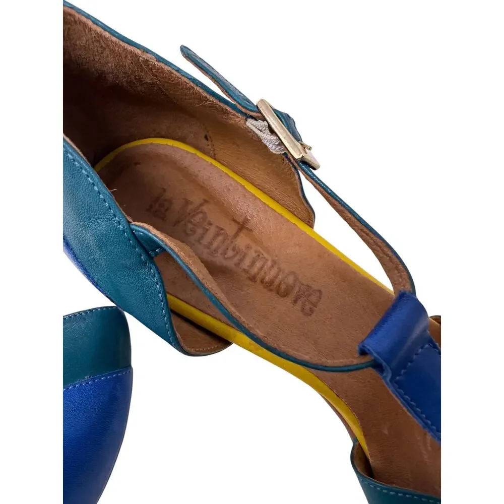 La Veintinueve Dana Leather T Strap Colorblock Retro Pin Up Heels US 10 EU 42